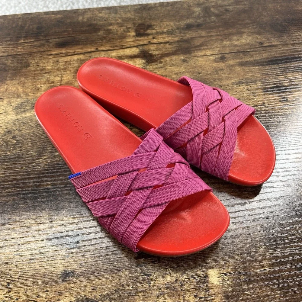 Rothy's The Slide Sandals Cherry Pink Woven Crossover Women's Size 7 Slip On